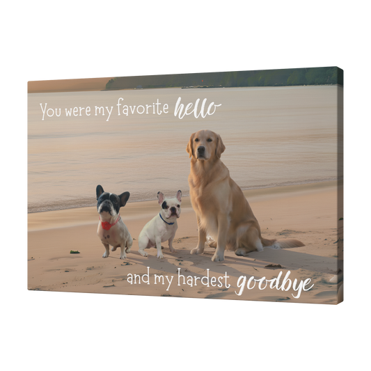 Side perspective of an 18x12 custom pet memorial canvas. Example design shows high-quality printing on canvas fabric for a devoted parent and their non-human family.