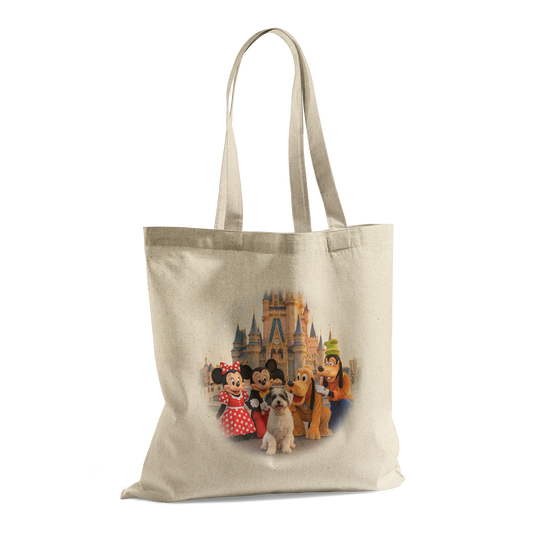 Side perspective of the 15"x15" custom pet art tote bag. High-quality printing on durable canvas fabric ensures a beautiful, personalized gift for every devoted parent.