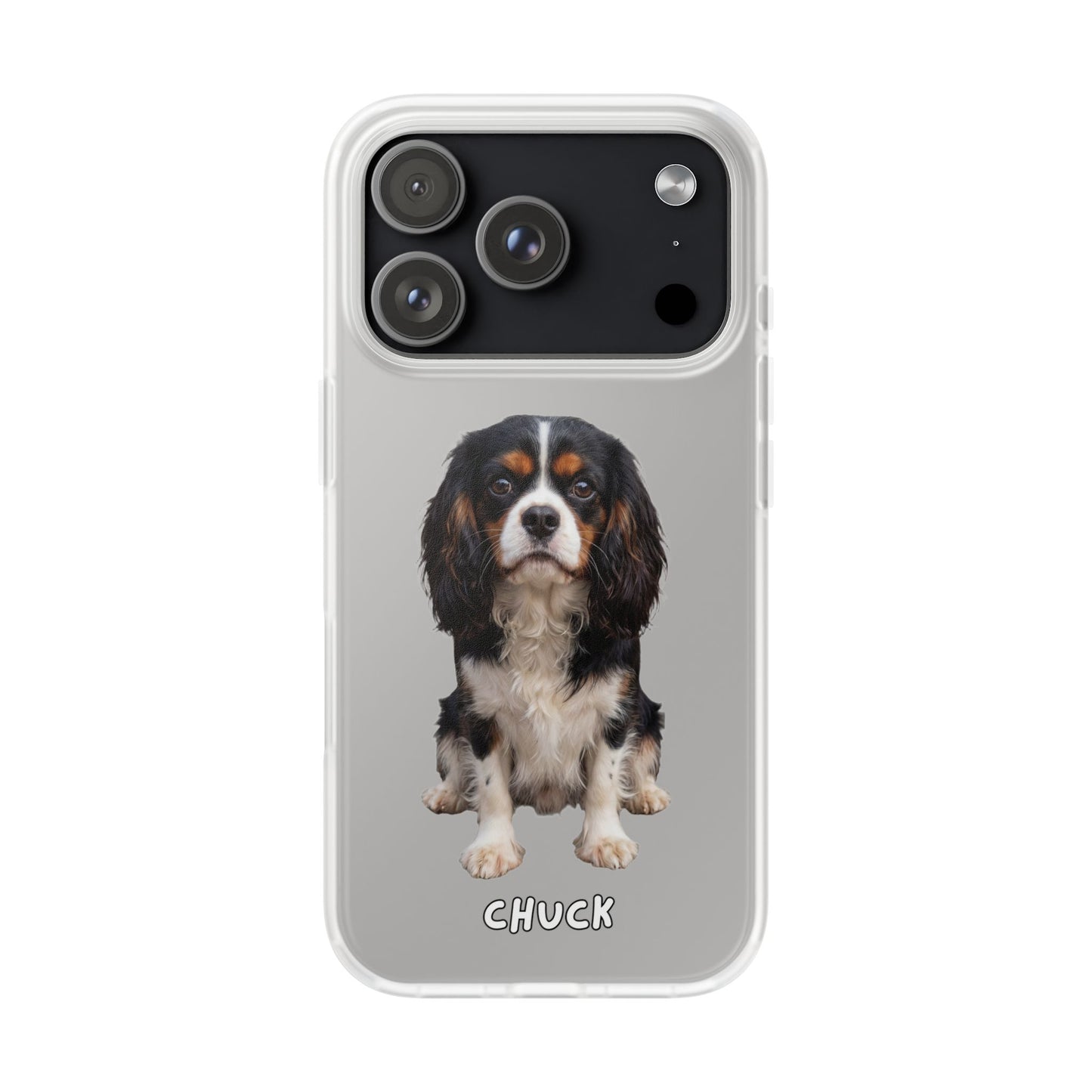 Phone case for iPhone 17 Pro with a dog illustration and name 'Chuck.' We design unique scenes for you and your non-human family.