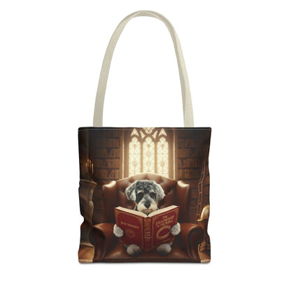 All-over print tote bag with beige handle, shown in 13"x13". Featuring an example bespoke scene of a dog reading a book, in an old library. We design unique art for you and your non-human family.