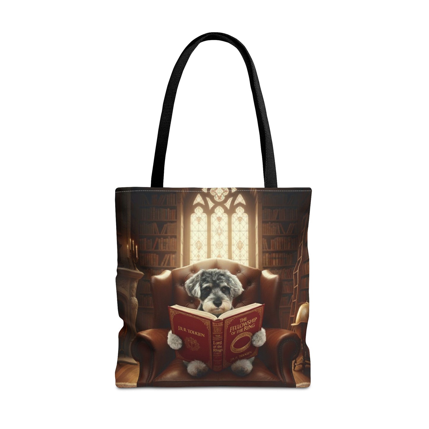 All-over print tote bag with black handle, shown in 13"x13". Featuring an example bespoke scene of a dog reading a book, in an old library. We design unique art for you and your non-human family.