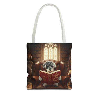 All-over print tote bag with white handle, shown in 13"x13". Featuring an example bespoke scene of a dog reading a book, in an old library. We design unique art for you and your non-human family.