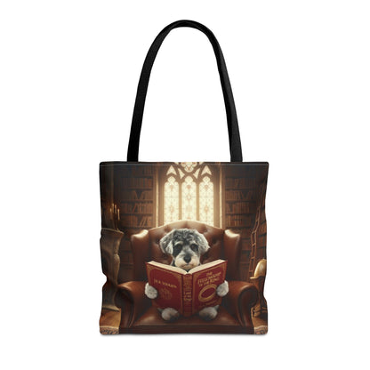 All-over print tote bag with black handle, shown in 16"x16". Featuring an example bespoke scene of a dog reading a book, in an old library. We design unique art for you and your non-human family.