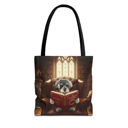 All-over print tote bag with black handle, shown in 18"x18". Featuring an example bespoke scene of a dog reading a book, in an old library. We design unique art for you and your non-human family.