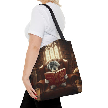 Custom pet art tote bag worn over the shoulder to show scale. A unique, personalized gift for the devoted parent and their non-human family.
