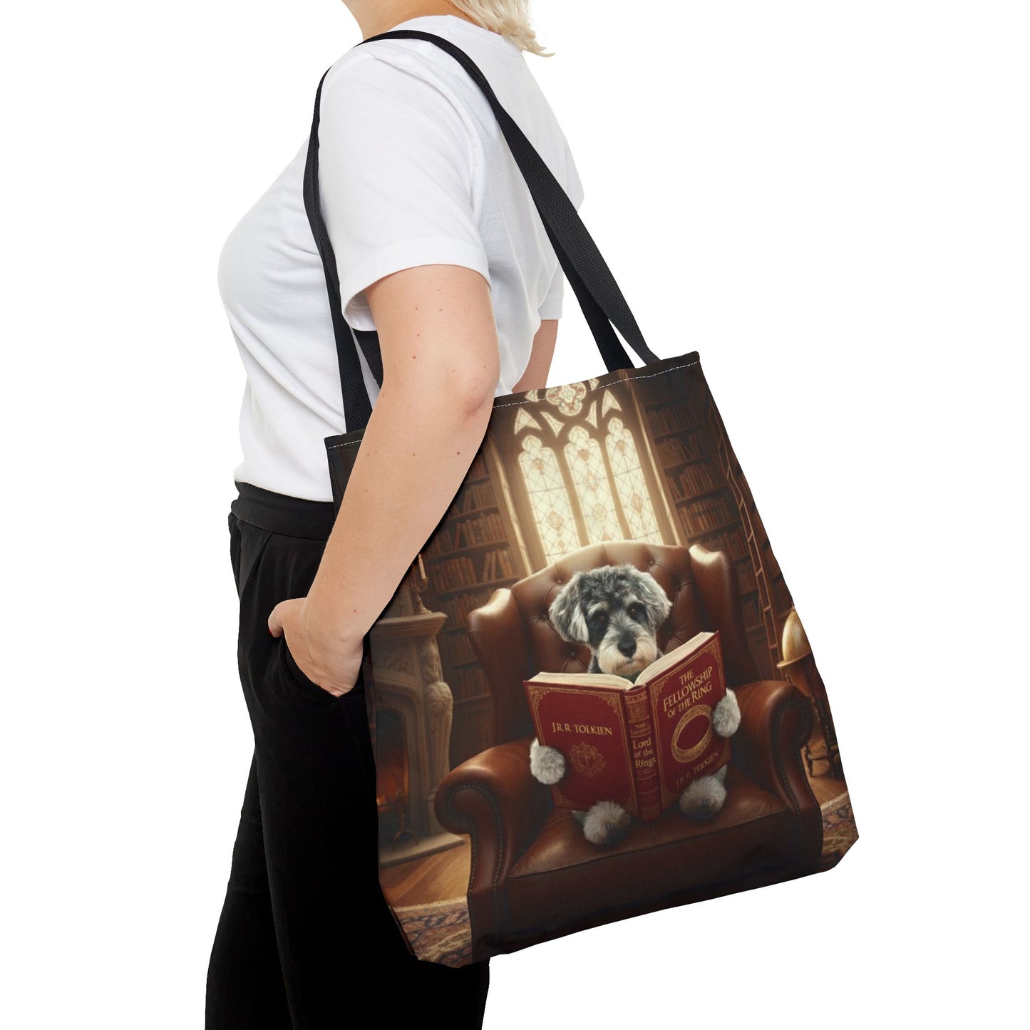 Side view of a personalized pet tote bag with a black handle. We bring your bespoke pet scenes to life on high-quality, functional products for any pet lover.