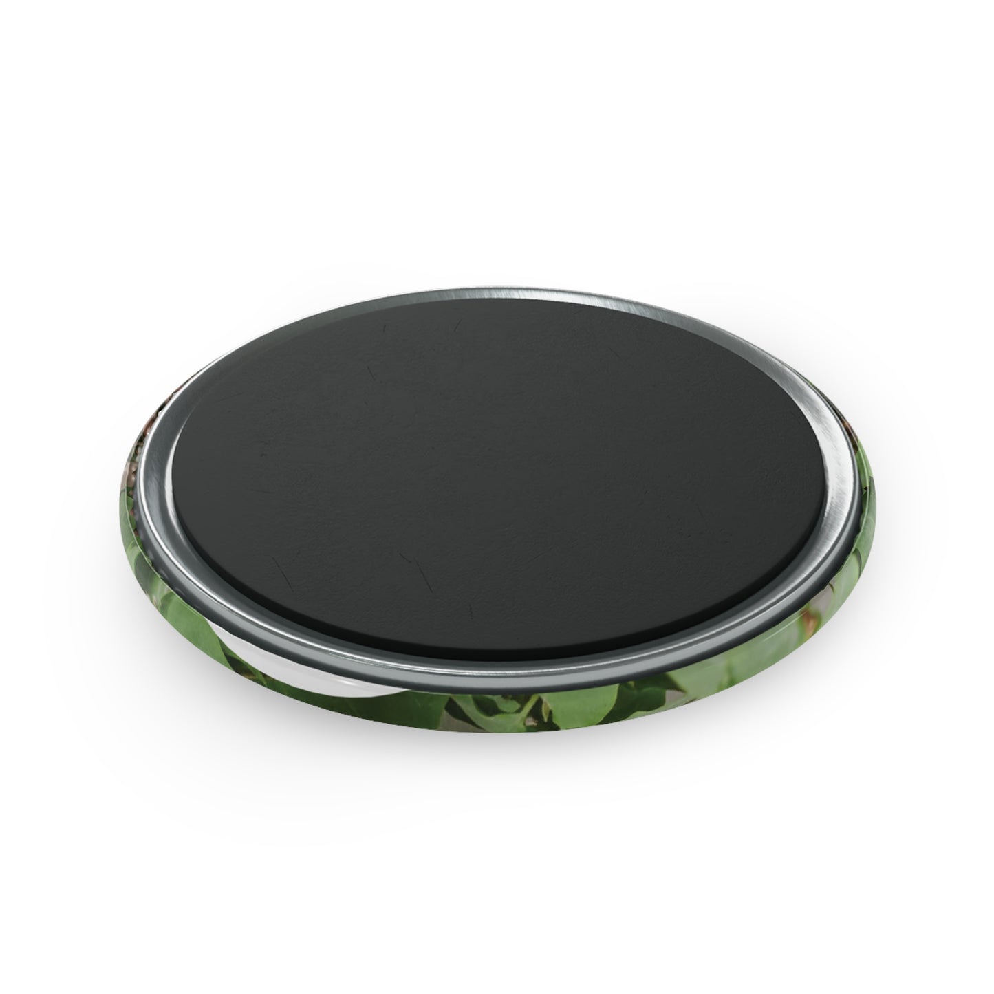 Perspective view of the round button magnet showing the durable magnetic backing and side profile. High-quality materials for a unique bespoke keepsake designed for pet lovers and their families.