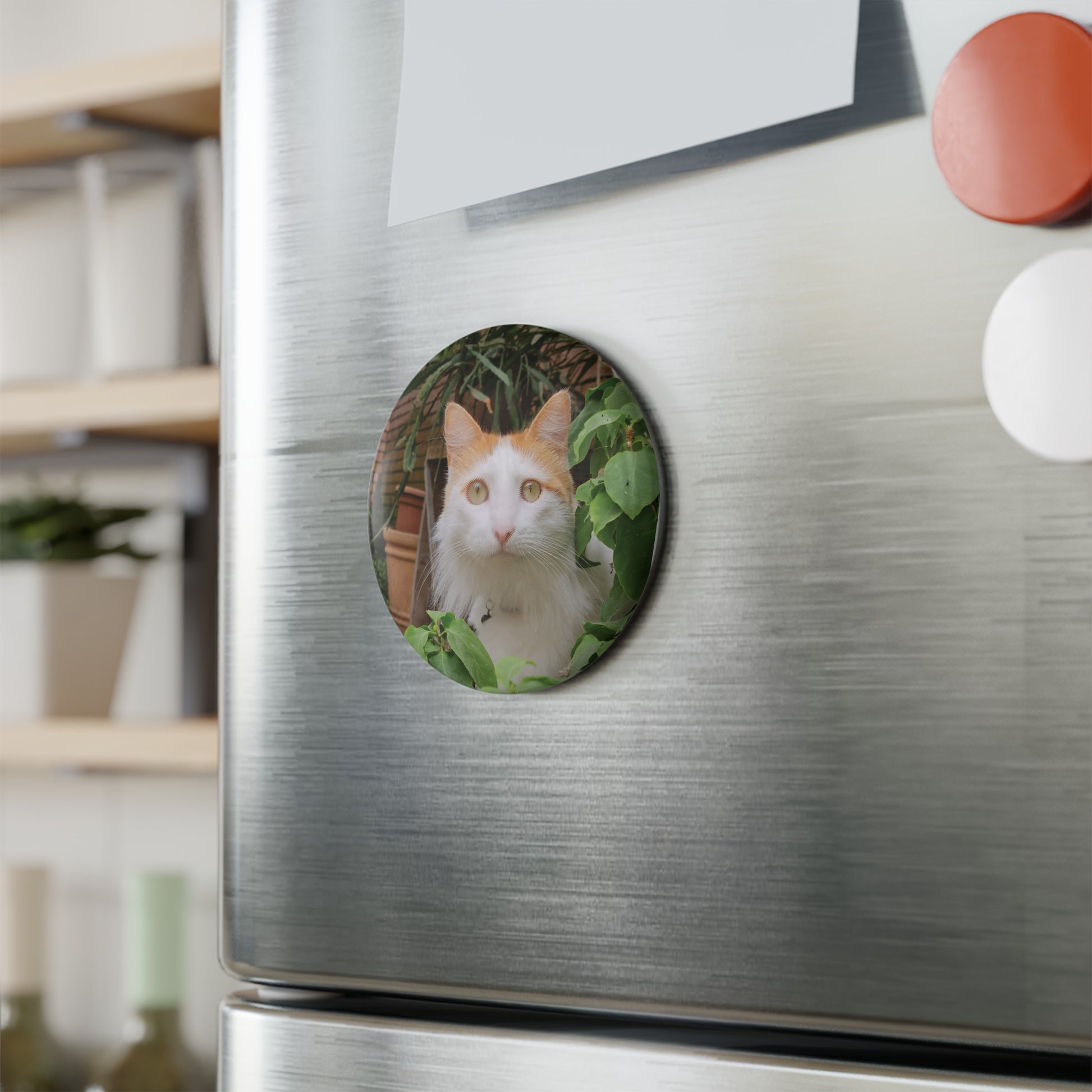 Custom pet art button magnet displayed on a stainless steel refrigerator. A high-quality personalized gift designed for the devoted parent to celebrate their non-human family member.