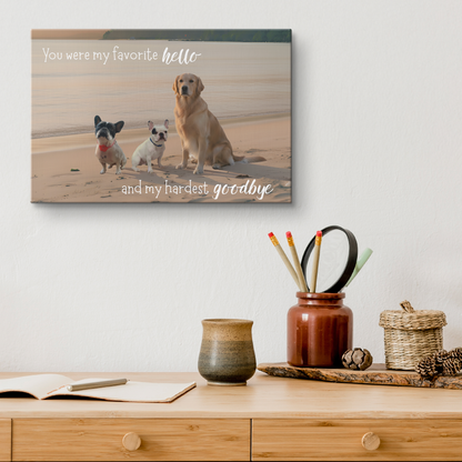 Custom pet art memorial canvas displayed in a home office setting. A unique, heartfelt gift or keepsake designed specifically for pet lovers and their cherished family pets.