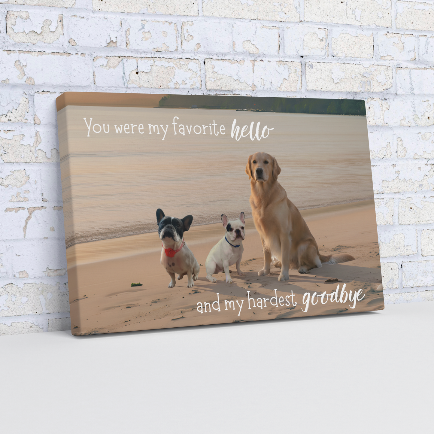 Close-up of a bespoke pet memorial canvas against a white brick wall. We design unique, meaningful tributes to honor your non-human family members.