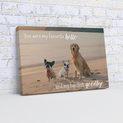 Close-up of a bespoke pet memorial canvas against a white brick wall. We design unique, meaningful tributes to honor your non-human family members.