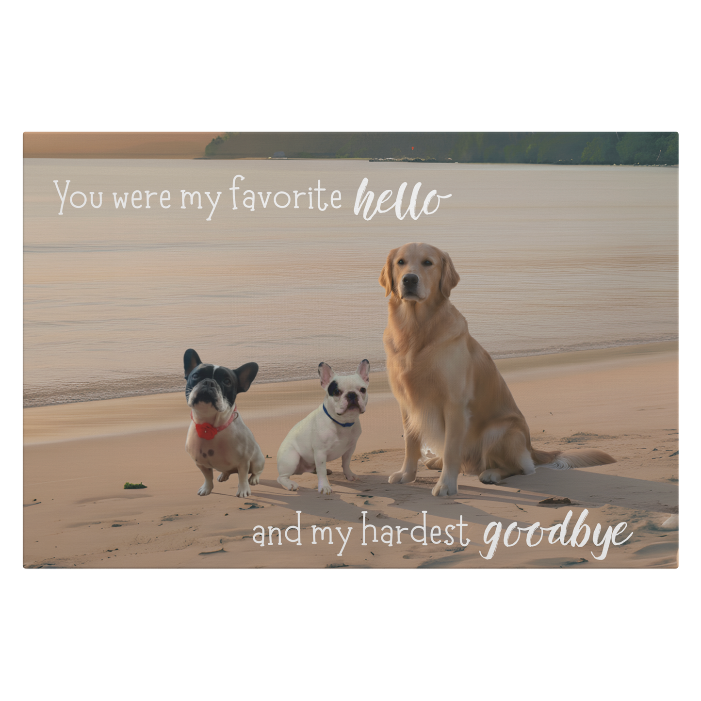 18"x12" bespoke memorial canvas featuring an example scene of three dogs on a beach with memorial text. We transform pet photos into meaningful scenes for the proud parent.