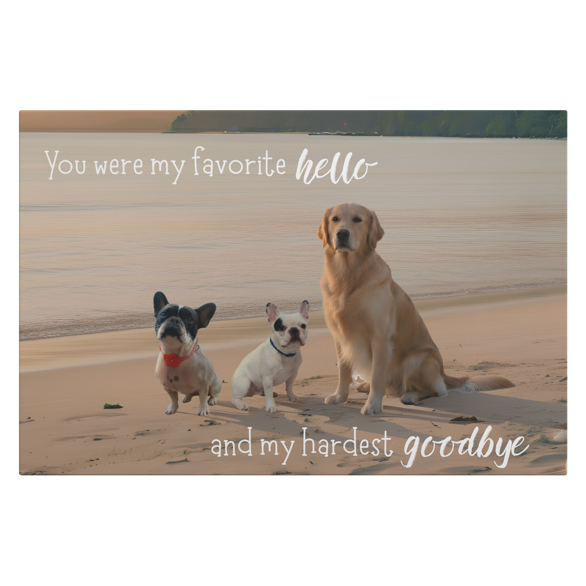18"x12" bespoke memorial canvas featuring an example scene of three dogs on a beach with memorial text. We transform pet photos into meaningful scenes for the proud parent.