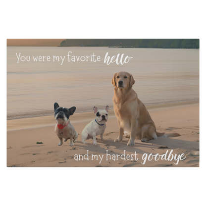 18"x12" bespoke memorial canvas featuring an example scene of three dogs on a beach with memorial text. We transform pet photos into meaningful scenes for the proud parent.