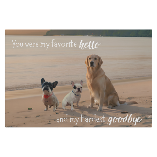 18"x12" bespoke memorial canvas featuring an example scene of three dogs on a beach with memorial text. We transform pet photos into meaningful scenes for the proud parent.