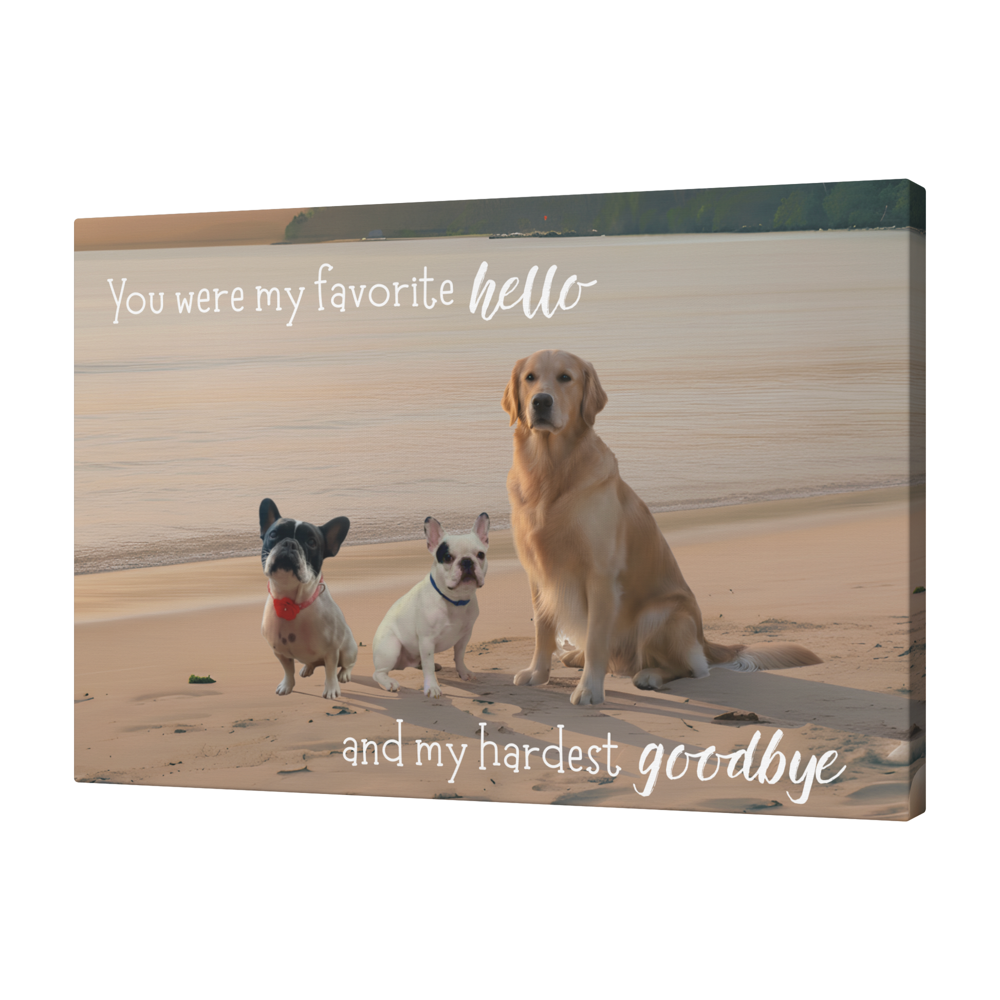 Side perspective of an 18x12 custom pet memorial canvas. Example design shows high-quality printing on canvas fabric for a devoted parent and their non-human family.