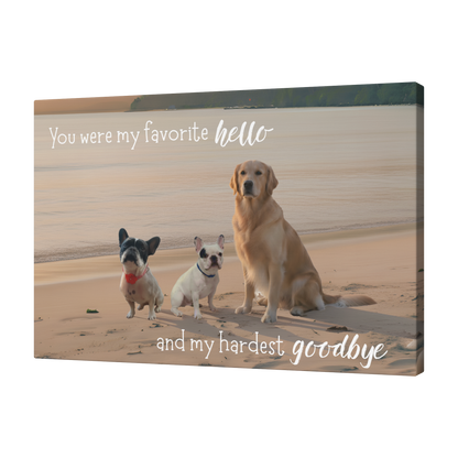 Side perspective of an 18x12 custom pet memorial canvas. Example design shows high-quality printing on canvas fabric for a devoted parent and their non-human family.