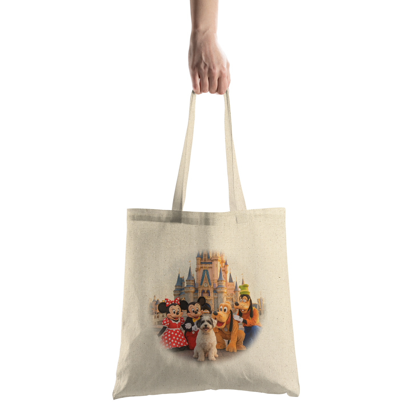 Custom pet art tote bag held by a parent to demonstrate scale and style. A unique, bespoke accessory designed specifically for pet lovers and their cherished non-human family.