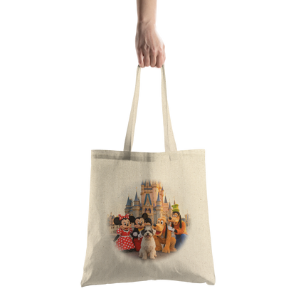 Custom pet art tote bag held by a parent to demonstrate scale and style. A unique, bespoke accessory designed specifically for pet lovers and their cherished non-human family.
