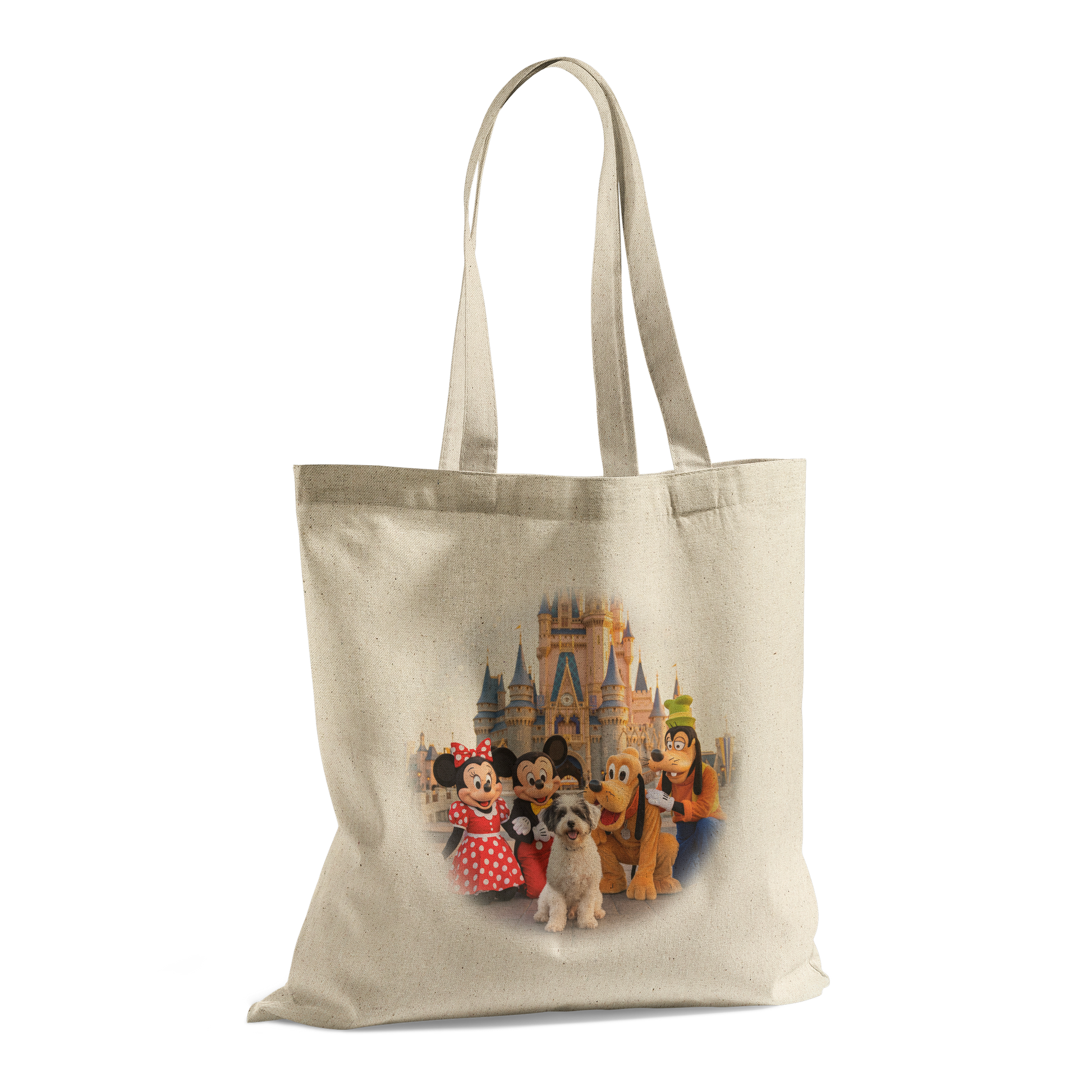 Side perspective of the 15"x15" custom pet art tote bag. High-quality printing on durable canvas fabric ensures a beautiful, personalized gift for every devoted parent.
