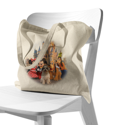 Bespoke pet art canvas tote bag displayed on a white chair. Every design is an example of how we bring your unique family memories to life on functional, high-quality products.