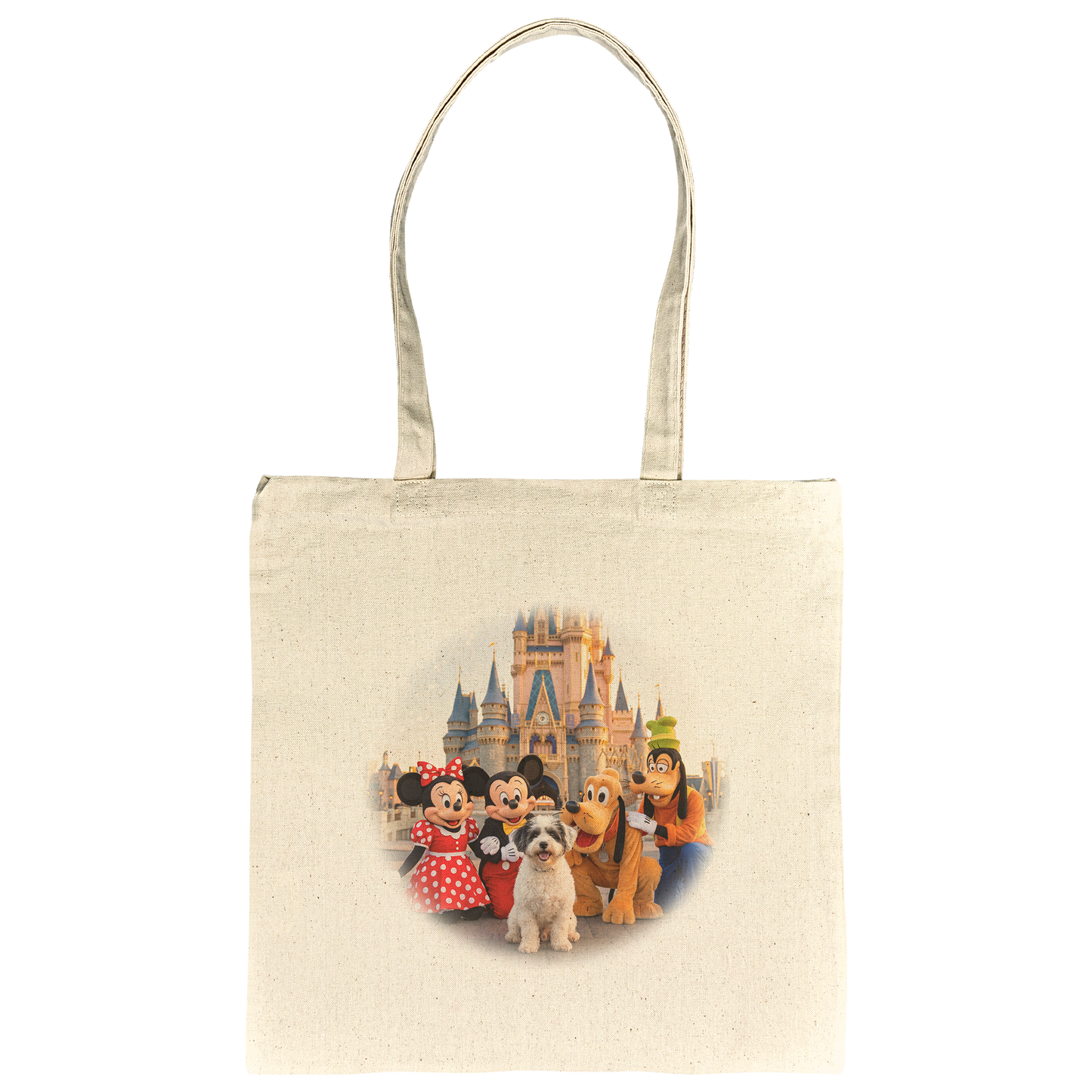 15"x15" canvas tote bag featuring an example bespoke scene of a pet on a magical vacation. We transform your pet's photo into a unique, meaningful design for the proud parent and their non-human family.