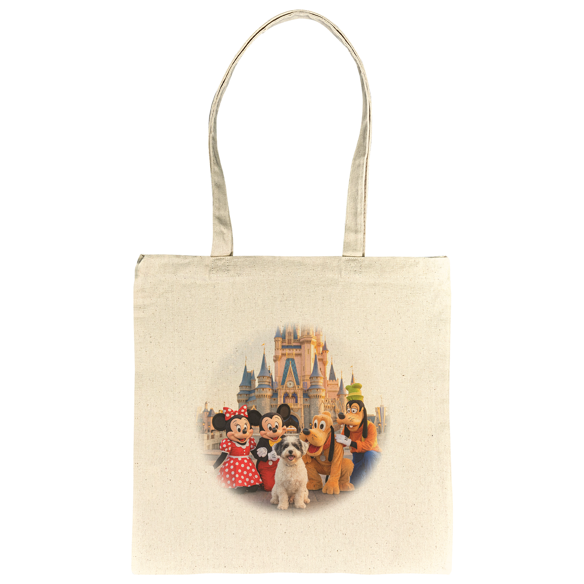 15"x15" canvas tote bag featuring an example bespoke scene of a pet on a magical vacation. We transform your pet's photo into a unique, meaningful design for the proud parent and their non-human family.