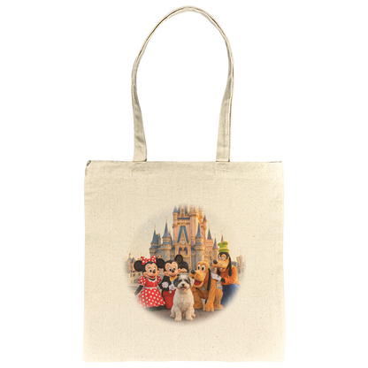 15"x15" canvas tote bag featuring an example bespoke scene of a pet on a magical vacation. We transform your pet's photo into a unique, meaningful design for the proud parent and their non-human family.