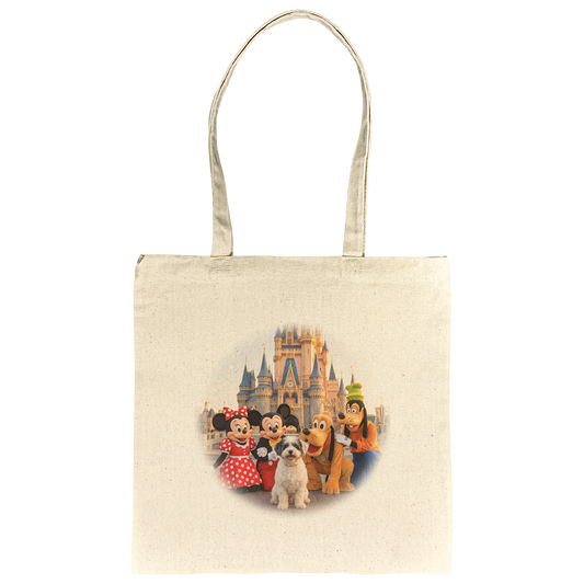 15"x15" canvas tote bag featuring an example bespoke scene of a pet on a magical vacation. We transform your pet's photo into a unique, meaningful design for the proud parent and their non-human family.