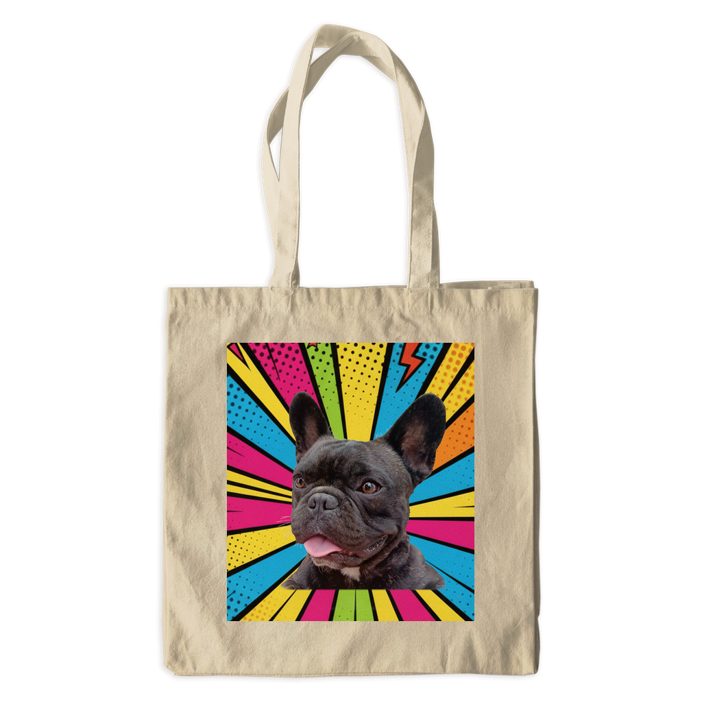 15"x16" canvas tote bag featuring an example bespoke pop-art scene of a French Bulldog. We transform your photos into unique, meaningful art for the proud parent and their non-human family.
