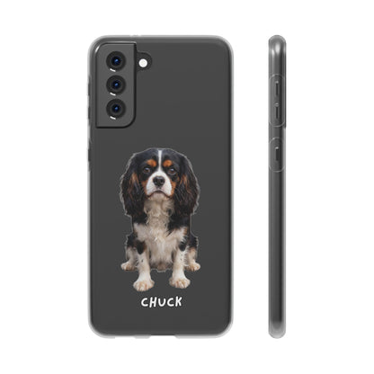 Phone case for Samsung Galaxy S21 Plus with a dog illustration and name 'Chuck.' We design unique scenes for you and your non-human family.