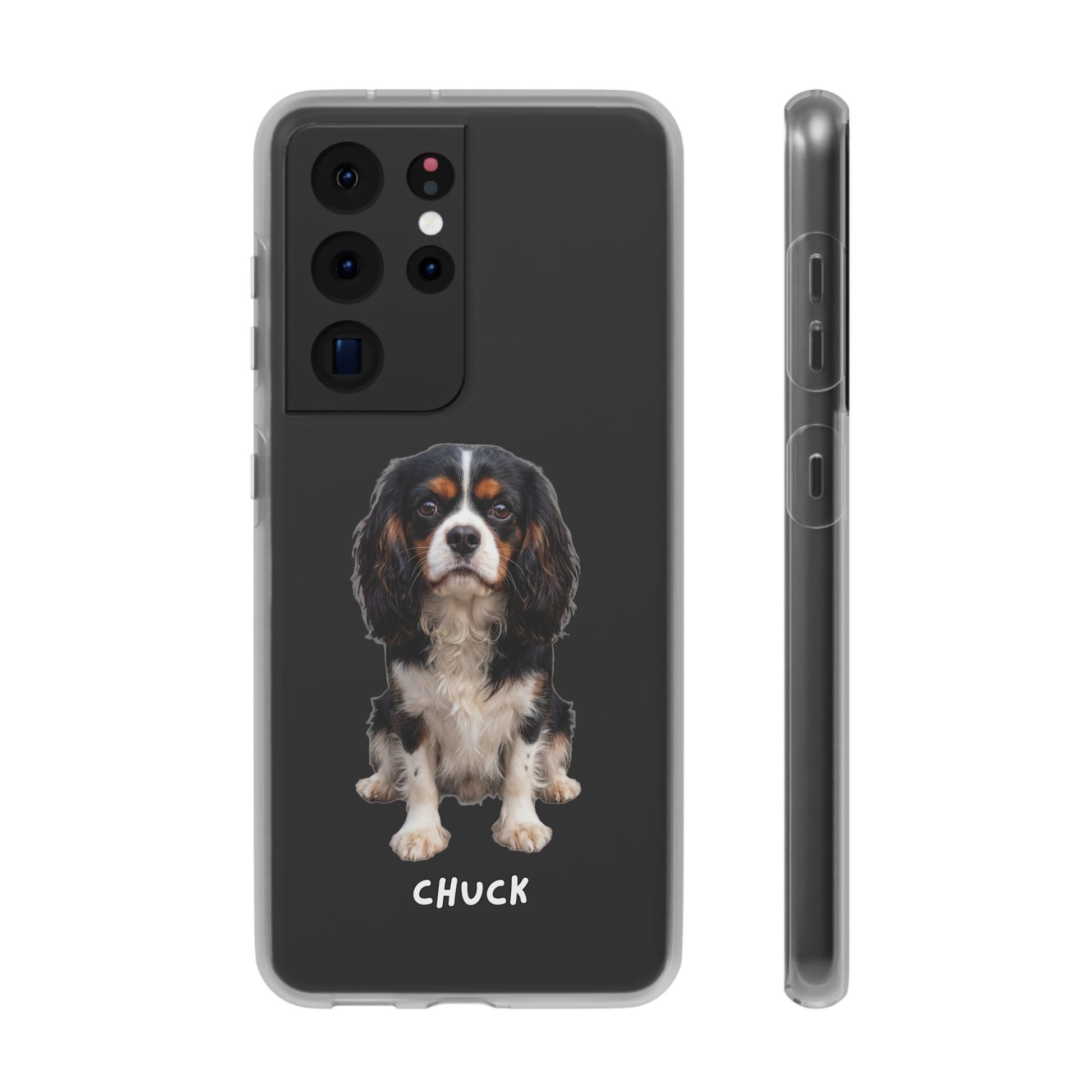 Phone case for Samsung Galaxy S21 Ultra with a dog illustration and name 'Chuck.' We design unique scenes for you and your non-human family.