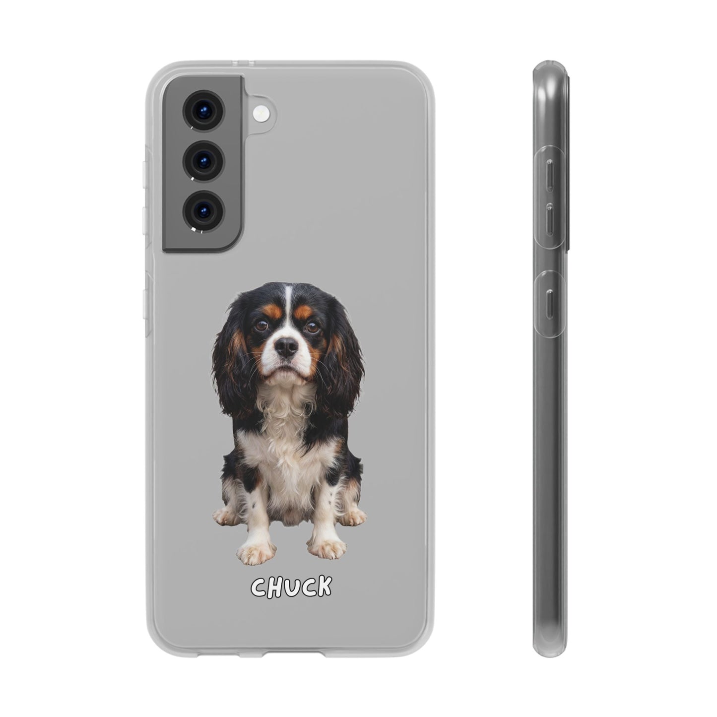 Phone case for Samsung Galaxy S21 with a dog illustration and name 'Chuck.' We design unique scenes for you and your non-human family.