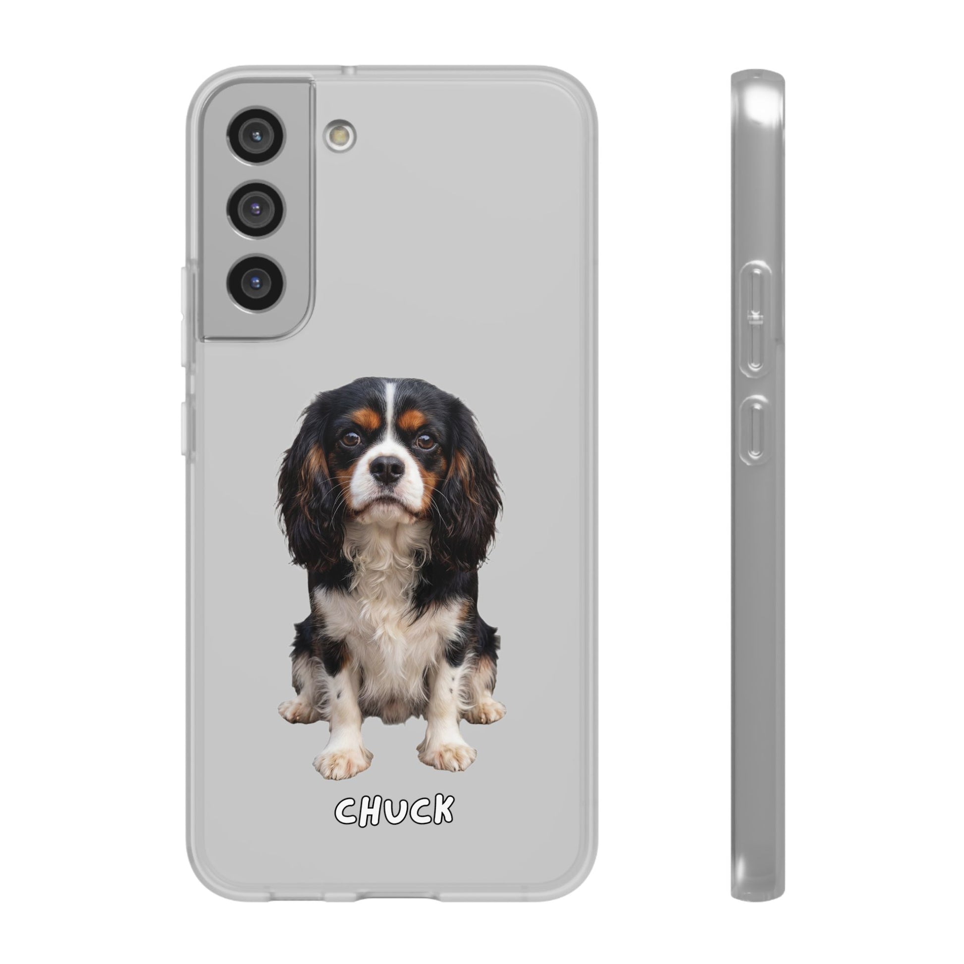 Phone case for Samsung Galaxy S22 Plus with a dog illustration and name 'Chuck.' We design unique scenes for you and your non-human family.