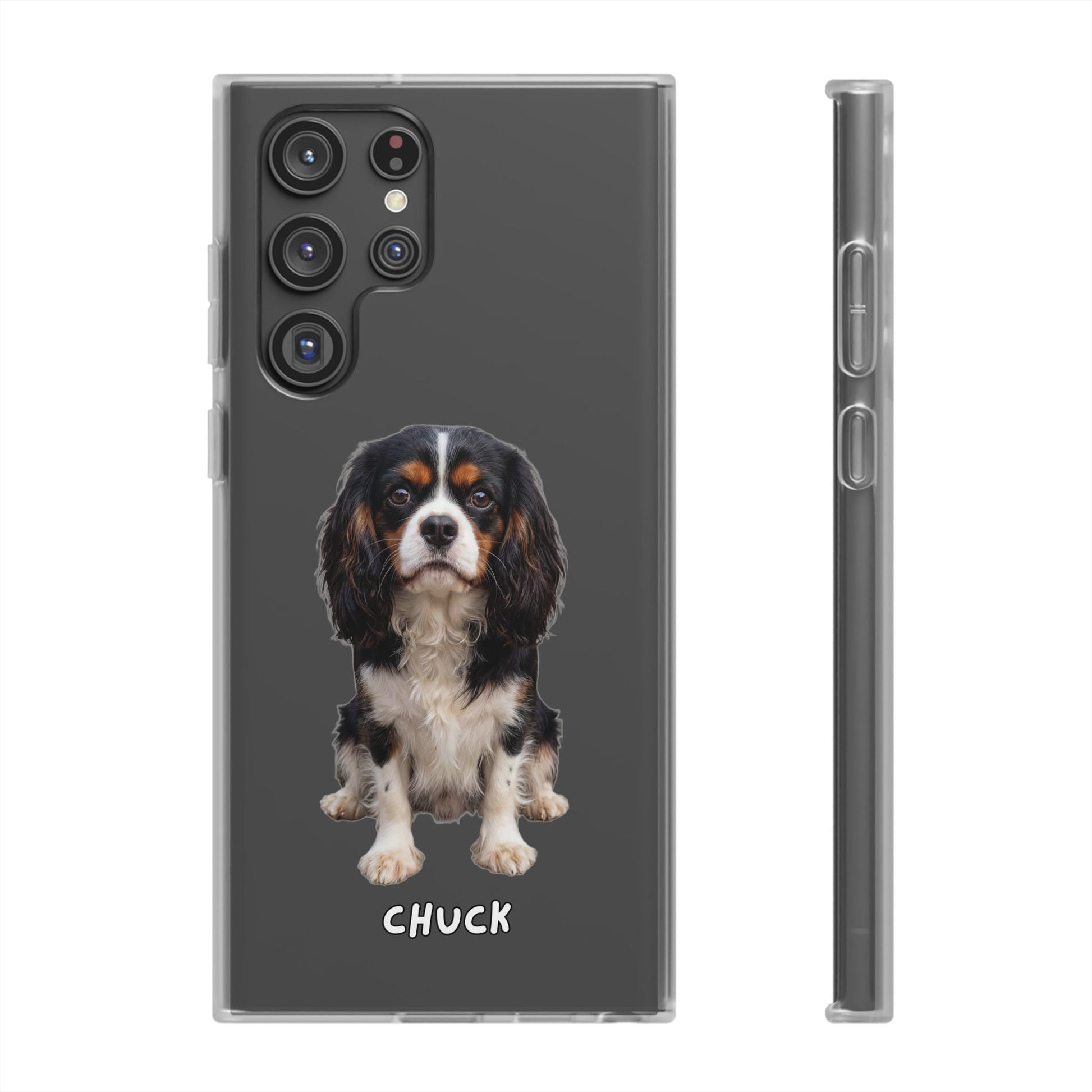 Phone case for Samsung Galaxy S22 Ultra with a dog illustration and name 'Chuck.' We design unique scenes for you and your non-human family.