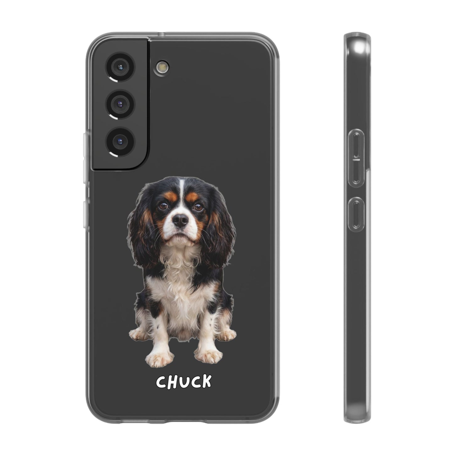 Phone case for Samsung Galaxy S22 with a dog illustration and name 'Chuck.' We design unique scenes for you and your non-human family.
