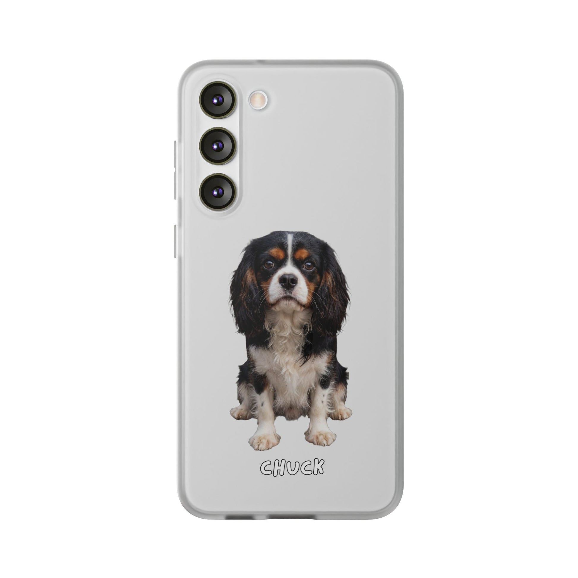 Phone case for Samsung Galaxy S23 Plus with a dog illustration and name 'Chuck.' We design unique scenes for you and your non-human family.