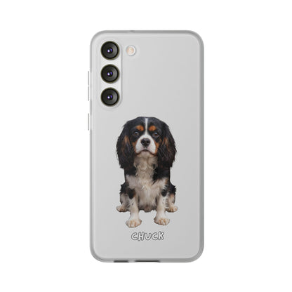 Phone case for Samsung Galaxy S23 Plus with a dog illustration and name 'Chuck.' We design unique scenes for you and your non-human family.
