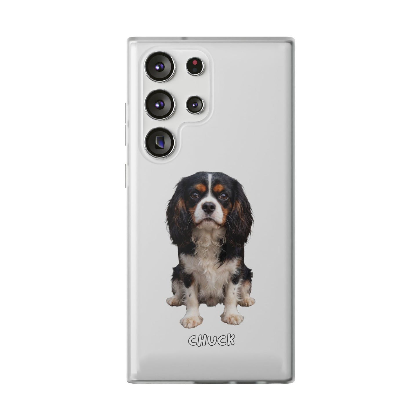 Phone case for Samsung Galaxy S23 Ultra with a dog illustration and name 'Chuck.' We design unique scenes for you and your non-human family.