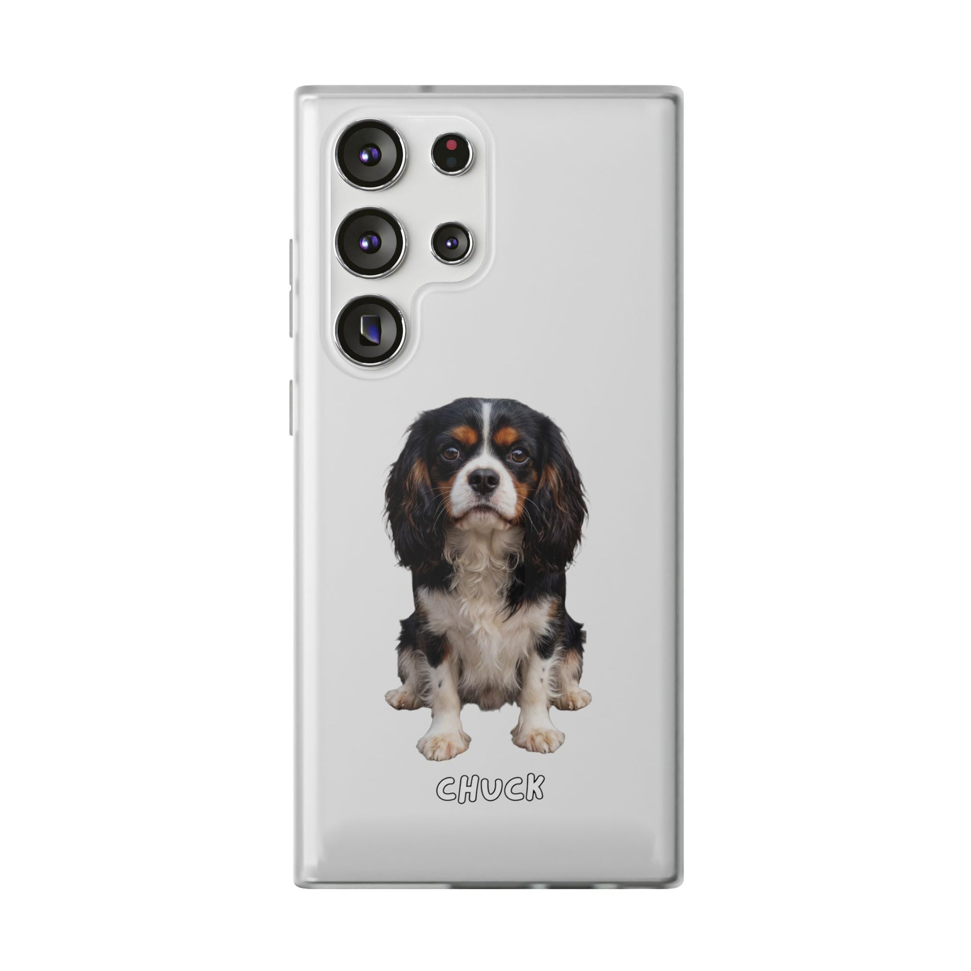 Phone case for Samsung Galaxy S23 Ultra with a dog illustration and name 'Chuck.' We design unique scenes for you and your non-human family.