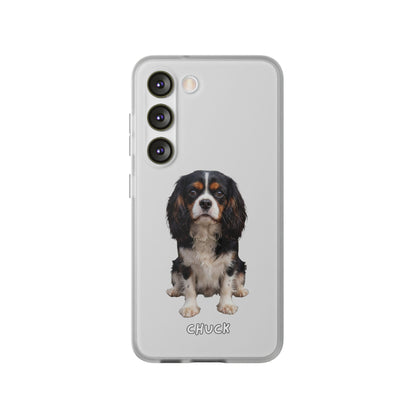 Phone case for Samsung Galaxy S23 with a dog illustration and name 'Chuck.' We design unique scenes for you and your non-human family.