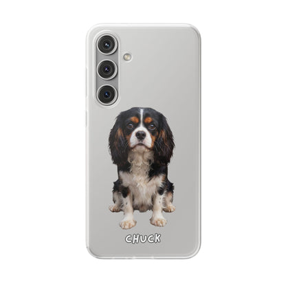 Phone case for Samsung Galaxy S24 Plus with a dog illustration and name 'Chuck.' We design unique scenes for you and your non-human family.
