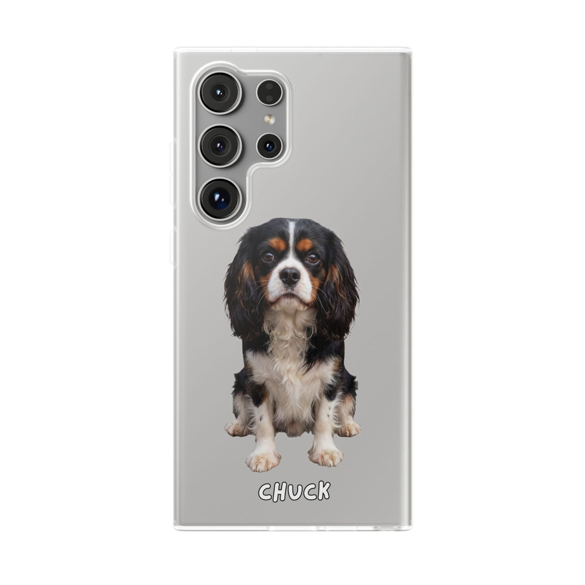 Phone case for Samsung Galaxy S24  Ultra with a dog illustration and name 'Chuck.' We design unique scenes for you and your non-human family.
