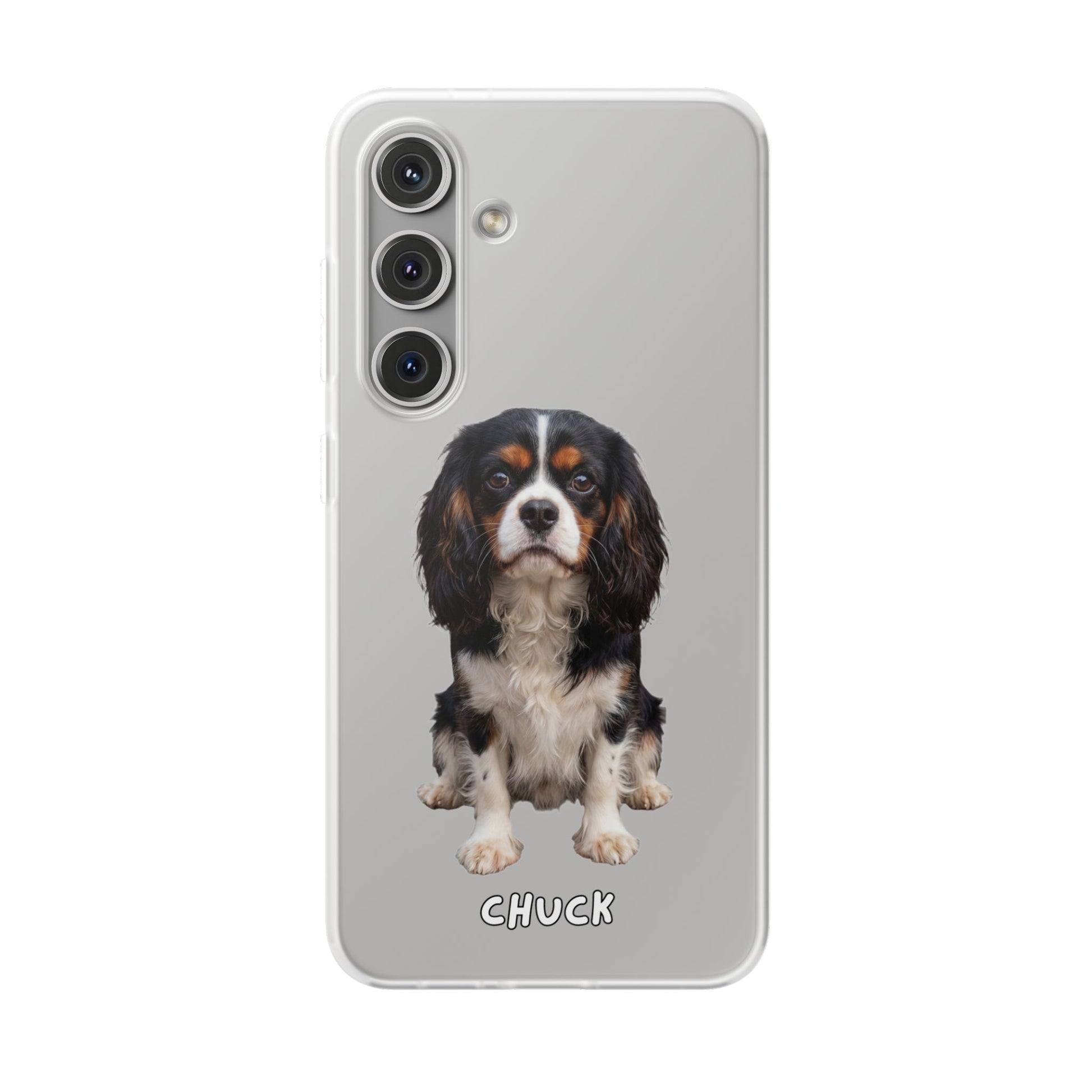 Phone case for Samsung Galaxy S24 with a dog illustration and name 'Chuck.' We design unique scenes for you and your non-human family.