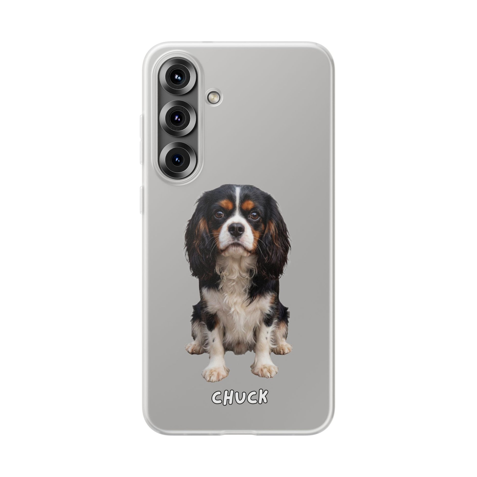 Phone case for Samsung Galaxy S25 Plus with a dog illustration and name 'Chuck.' We design unique scenes for you and your non-human family.