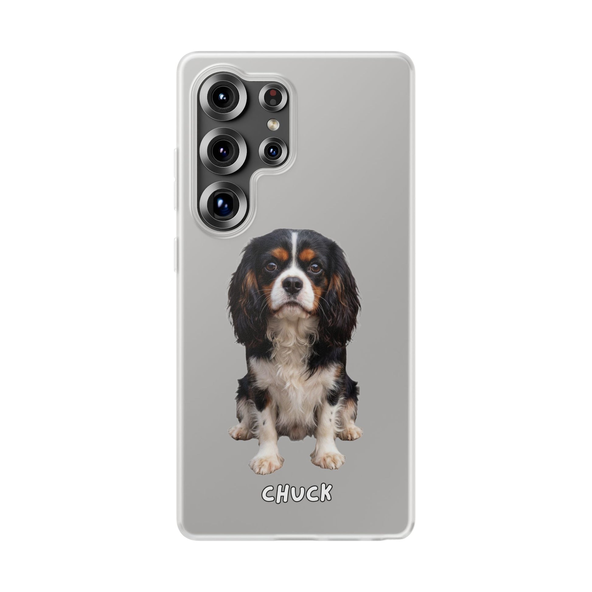 Phone case for Samsung Galaxy S25 Ultra with a dog illustration and name 'Chuck' on a transparent background. We will design a unique image for you and your non-human family.