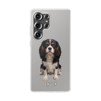 Phone case for Samsung Galaxy S25 Ultra with a dog illustration and name 'Chuck' on a transparent background. We will design a unique image for you and your non-human family.