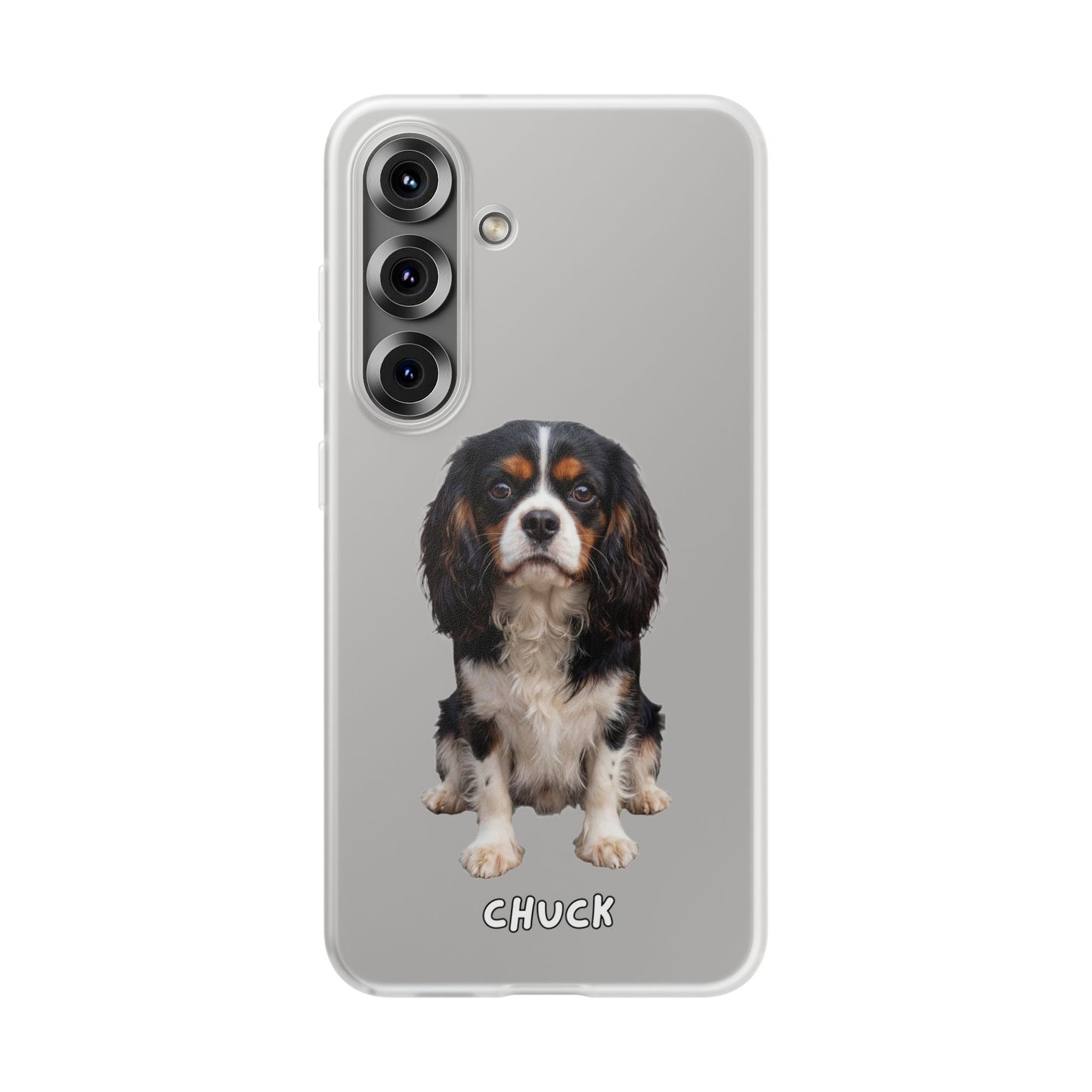 Phone case for Samsung Galaxy S25 with a dog illustration and name 'Chuck.' We design unique scenes for you and your non-human family.