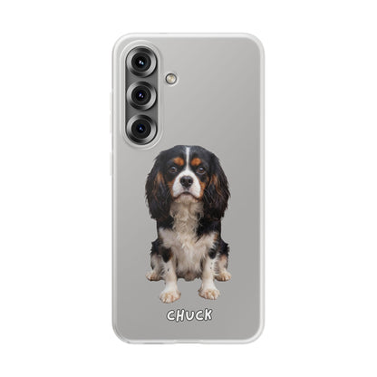 Phone case for Samsung Galaxy S25 with a dog illustration and name 'Chuck.' We design unique scenes for you and your non-human family.