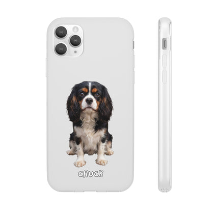 Phone case for iPhone 11 Pro Max with a dog illustration and name 'Chuck.' We design unique scenes for you and your non-human family.